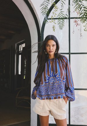 Next, REGULAR FIT - LONG SLEEVE NOTCH NECK TOP  . - Bluse - blue brown print