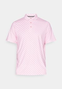 Pink short-sleeve polo shirt featuring a diagonal stripe pattern, three-button placket, and a collared neck design.