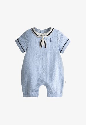 Hellblauer gestreifter Baby-Strampler mit kurzen Ärmeln, Matrosenkragen, weißer und marineblauer Krawatte und kleinem marineblauem Anker auf der Brust.
