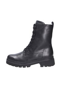 Bottines en cuir noir avec un bout arrondi, un laçage à l'avant, une surface texturée et une semelle en caoutchouc épaisse pour une meilleure adhérence.