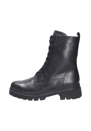 Bottines en cuir noir avec un bout arrondi, un laçage à l'avant, une surface texturée et une semelle en caoutchouc épaisse pour une meilleure adhérence.