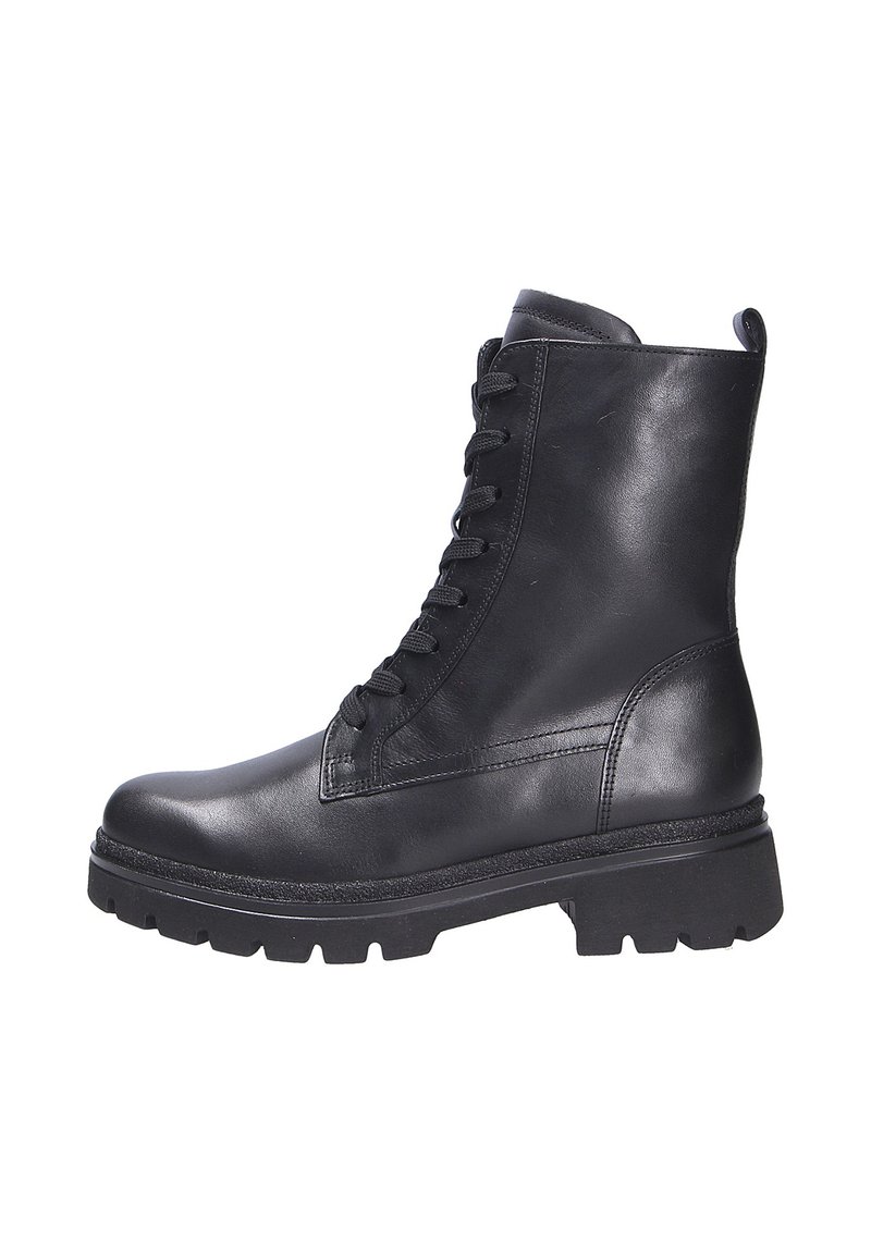 Bottines en cuir noir avec un bout arrondi, un laçage à l'avant, une surface texturée et une semelle en caoutchouc épaisse pour une meilleure adhérence.