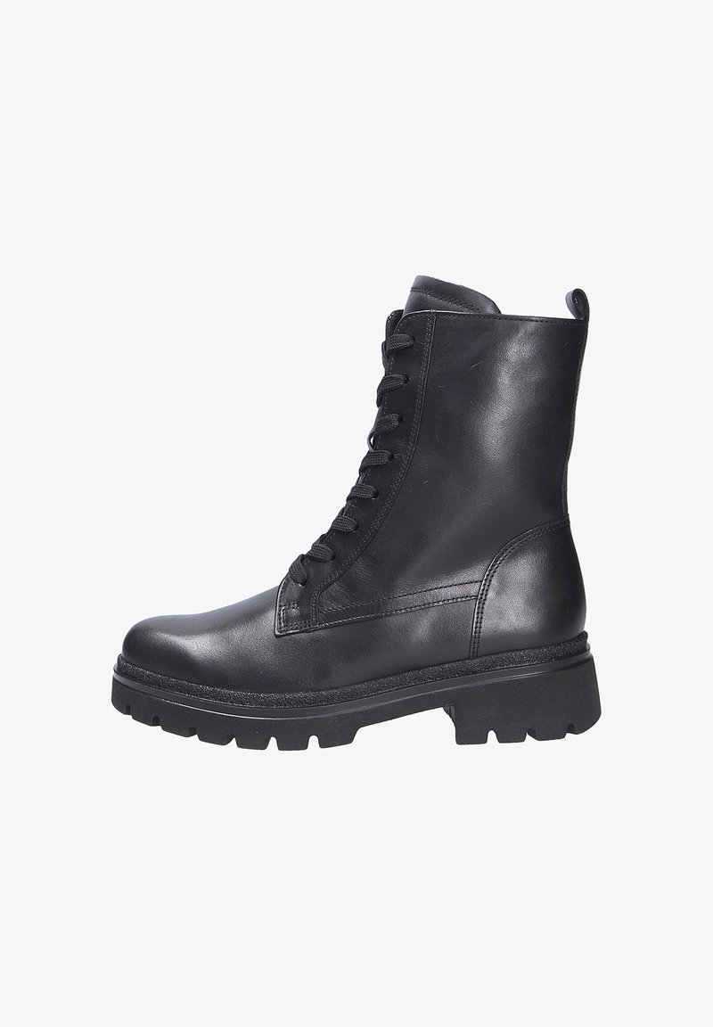 Bottines en cuir noir avec un bout arrondi, un laçage à l'avant, une surface texturée et une semelle en caoutchouc épaisse pour une meilleure adhérence.