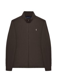 Mörkbrun zip-up jacka med hög krage, två sidofickor, ribbade muddar och en liten vit logotyp på vänster bröst. Mjukt texturerat tyg.