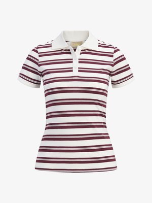 Short-sleeve polo shirt featuring horizontal maroon and white stripes, made of soft fabric with a classic collar and three-button placket.