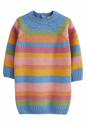 Robe-pull tricotée pour enfant avec des rayures horizontales en bleu, vert, rose, orange, jaune et violet, avec manches longues et col rond.