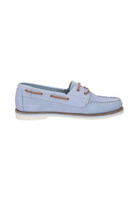 Hellblaue Lederschuhboote mit kontrastierenden braunen Schnürsenkeln, weißer Gummisohle, gepolstertem Kragen und genähten Details an der Zehe und an den Seiten.