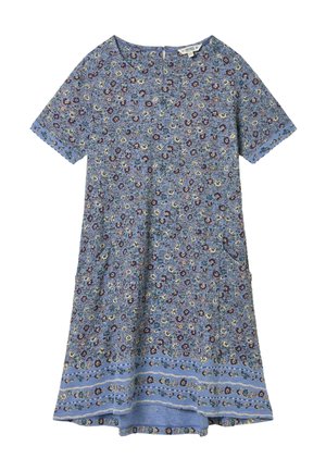 Blaues Blumenkleid aus leichtem Stoff, mit kurzen Ärmeln, Taschen und einem kontrastierenden, gemusterten Saum mit filigranen Details.