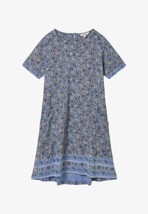 Rochie florală albastră din material ușor, cu mâneci scurte, buzunare și tiv contrastant cu model detaliat și intricate.