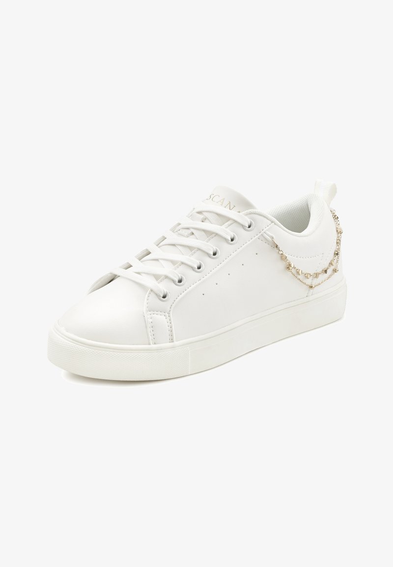 White synthetic sneakers with flat laces, rounded toe, subtle perforations, and decorative silver chain on the side. Smooth texture and rubber sole.