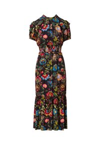 Florale maxi-jurk van zwarte stof met levendige rozen, blauwe en groene patronen. Voorzien van korte pofmouwen, een smocktail en een gelaagde zoom.