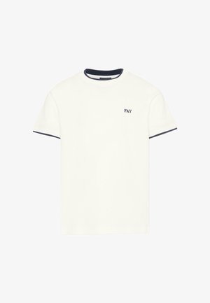 Biały t-shirt z krótkim rękawem, z czarną lamówką na kołnierzu i krawędziach rękawów, z małym czarnym logo „FAY” na lewej piersi.