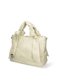 Borsa tote color crema realizzata in materiale sintetico liscio, con manici annodati, un accento con logo e un design strutturato e spazioso.