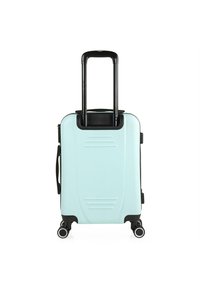 Maleta rígida en verde menta con acentos negros, ruedas dobles y mango telescópico. Presenta un diseño de surcos horizontales en la parte frontal.