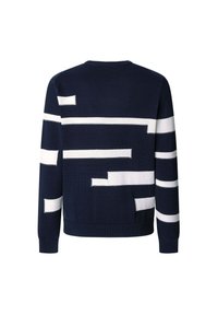 Maglione di maglia navy con motivi a righe bianche orizzontali e verticali. Collo a giro, maniche lunghe, polsini e fondo a coste.