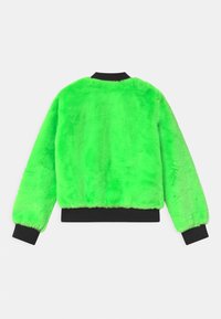 Green faux fur jacket with a black ribbed hem and cuffs. Features a round neckline and a soft, plush texture. Back view only shown.