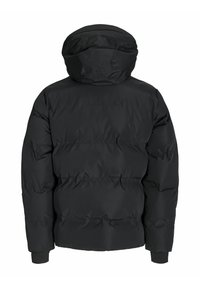 Sort dunjakke med hætte, der har et quiltet design og elastiske manchetter, lavet af et glat, vandafvisende materiale.
