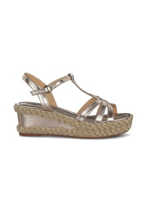 Sandali wedge metallici oro con design a T, dettagli in juta intrecciata attorno alla suola e finitura testurizzata sul materiale superiore.