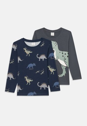 Deux t-shirts à manches longues : l'un est bleu marine avec des motifs de dinosaures, l'autre est gris foncé avec un grand graphisme de dinosaure. Matière en coton.
