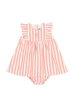 Vestitino per neonato a righe verticali rosa e bianco con maniche arricciate e copripannolino coordinato sotto la gonna.