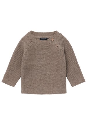 Brauner gestrickter Baby-Pullover mit langen Ärmeln, zwei Knöpfen auf der Schulter und rundem Ausschnitt.