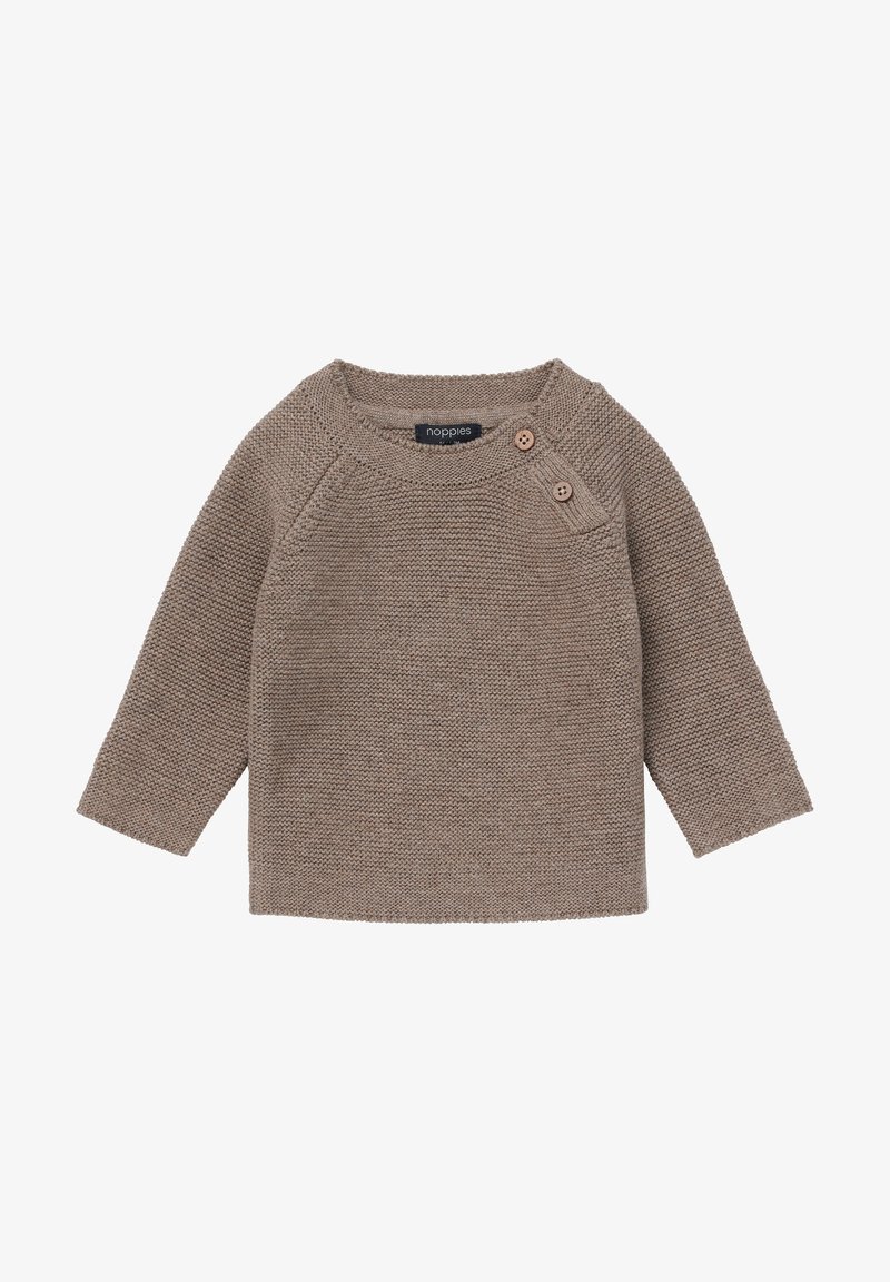Pull bébé tricoté marron à manches longues, avec deux boutons sur l'épaule et un col rond.