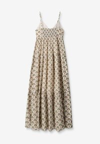 Robe maxi à bretelles spaghetti ; fabriquée en tissu à motifs présentant des palmiers verts, roses et beiges, avec un corsage froncé et un ourlet à volants.