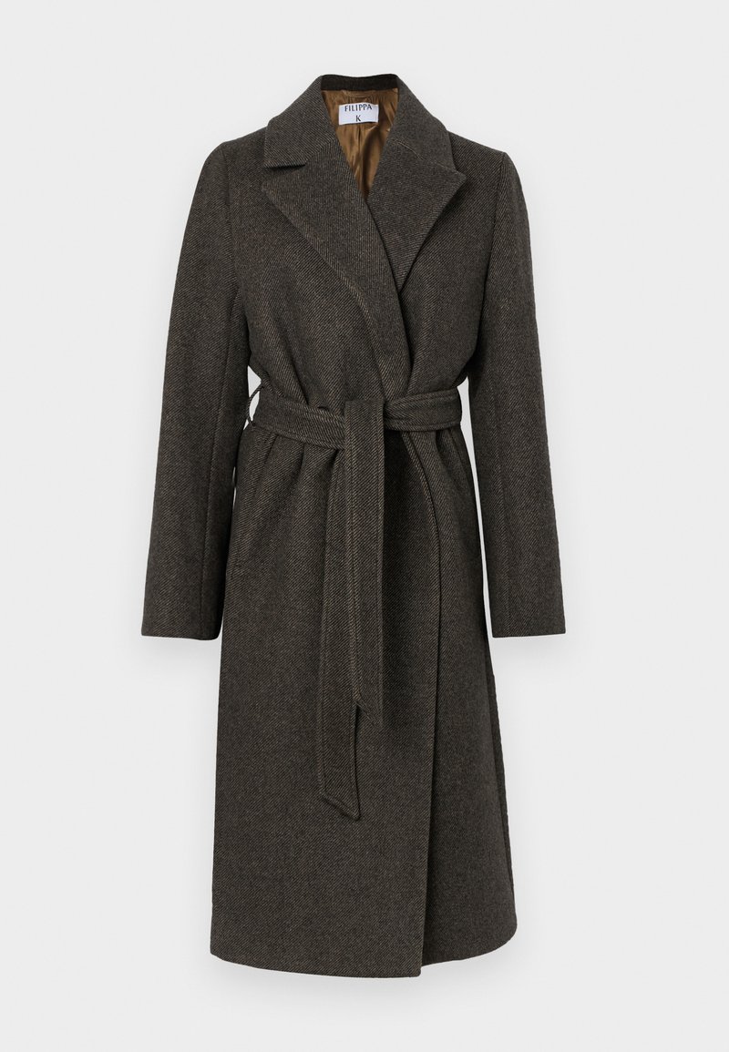 Dunkelgrauer Wollmantel mit Wickeldesign, schmalem Kragen, langen Ärmeln und einem Stoffgürtel. Verfügt über eine subtile Fischgrätenstruktur.