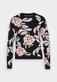 Suéter negro con un estampado floral que presenta flores rosas y blancas, cuello redondo y mangas largas. Textura suave y corte holgado.