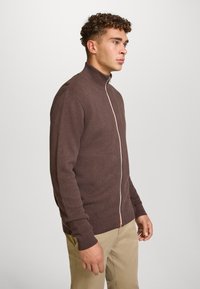 Brun genser med glidelås og teksturert strikkemønster, høy krage, ribbestrikkede mansjetter og kontrasterende glidelåsdetalj.