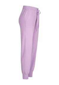 Lila joggers van zacht materiaal, met een trekkoord in de taille, zijzakken en geribde manchetten voor een taps toelopende pasvorm.