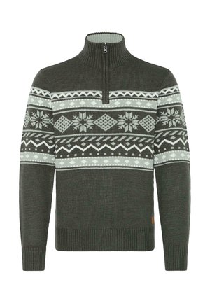 Donkergroen gebreid sweater met hoge kraag en kwart-rits. Bevat witte en lichtgrijze geometrische patronen en sneeuwvlokken over de borst.