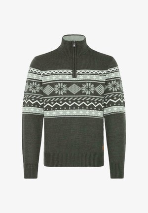 Dark green knitted sweater with a high collar and quarter zip. Features white and light gray geometric patterns and snowflakes across the chest.