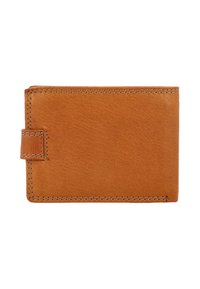 Brūna ādas maciņš ar teksturētu virsmu, taisnstūrveida forma un sānu siksniņa aizvēršanai. Redzama dūriens gar malām.