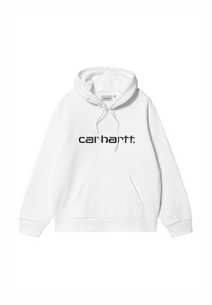 Sudadera blanca con capucha, hecha de una mezcla de algodón, que presenta un bolsillo tipo canguro en la parte frontal y un logo negro impreso centrado en el pecho.