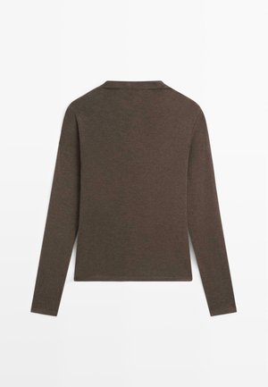 Brown long-sleeve shirt made of soft fabric. Features a simple crew neckline and a smooth, slightly textured surface.