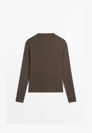 Brown long-sleeve shirt made of soft fabric. Features a simple crew neckline and a smooth, slightly textured surface.