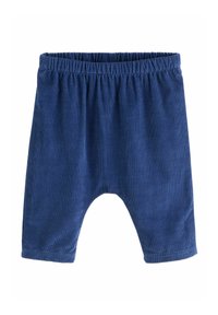 Pantalones de bebé azules con cintura elástica, fabricados en suave tela de pana, exhibidos de manera plana sobre un fondo blanco.