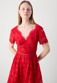 Červené krajkové šaty s hlbokým výstrihom do V a krátkymi rukávmi. Majú zložitý kvetinový vzor a zvlnené okraje. Elegantný strih fit-and-flare.