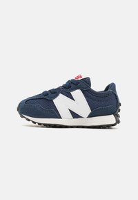 Navy blue sneaker with white accents, mesh and suede material, lace-up design, textured sole, and prominent 'N' logo on the side.