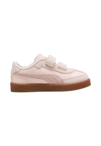 Zapatillas de piel de color rosa claro con suela de goma texturizada, correas de Velcro y acentos en beige en el costado y la lengua.