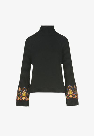 Black knitted sweater with a high neck and raglan sleeves. Features colorful geometric embroidery on the cuffs. Ribbed texture throughout.