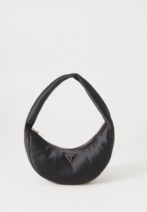 Black satin handbag with a curved shape, featuring a zip closure and a triangular logo in metal on the front. Smooth texture and sleek design.