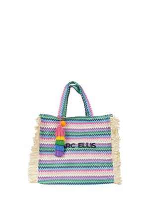 Borsa tote tessuta a righe colorate con frange ai lati, ciondolo nappina arcobaleno e "MARC ELLIS" ricamato sul davanti.