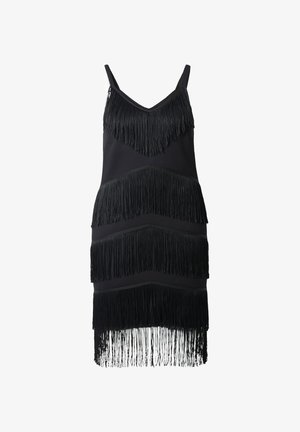 Robe noire à fines bretelles, avec des niveaux de franges superposées et un décolleté en V. Tissu lisse. Longueur atteignant le milieu de la cuisse.