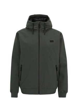 Dark green jacket with a hood, full zipper, adjustable drawstrings, and two zippered side pockets. Smooth texture and minimalistic design.
