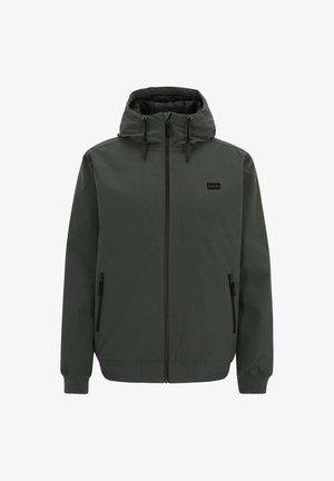 Dark green jacket with a hood, full zipper, adjustable drawstrings, and two zippered side pockets. Smooth texture and minimalistic design.