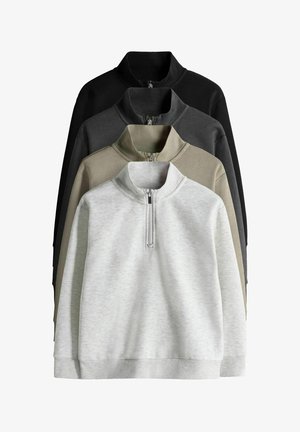 Neljä zip-kaarne sweatshirthiä järjestettyinä pystysuoraan. Värit: musta, tummanharmaa, oliivinvihreä, vaaleanharmaa. Kangas näyttää pehmeältä ja siinä on ribbireunukset.