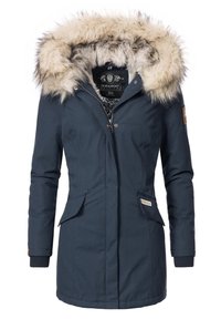 Marine parka-jakke med hætte af kunstpels, to forlommer, lynlåslukning, ribbede manchetter og et logo-patch på ærmet.