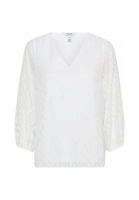 Weiße Bluse mit V-Ausschnitt und strukturiertem, wellenförmigem Muster. Weicher, leichter Stoff mit Puffärmeln und lockerer Passform.
